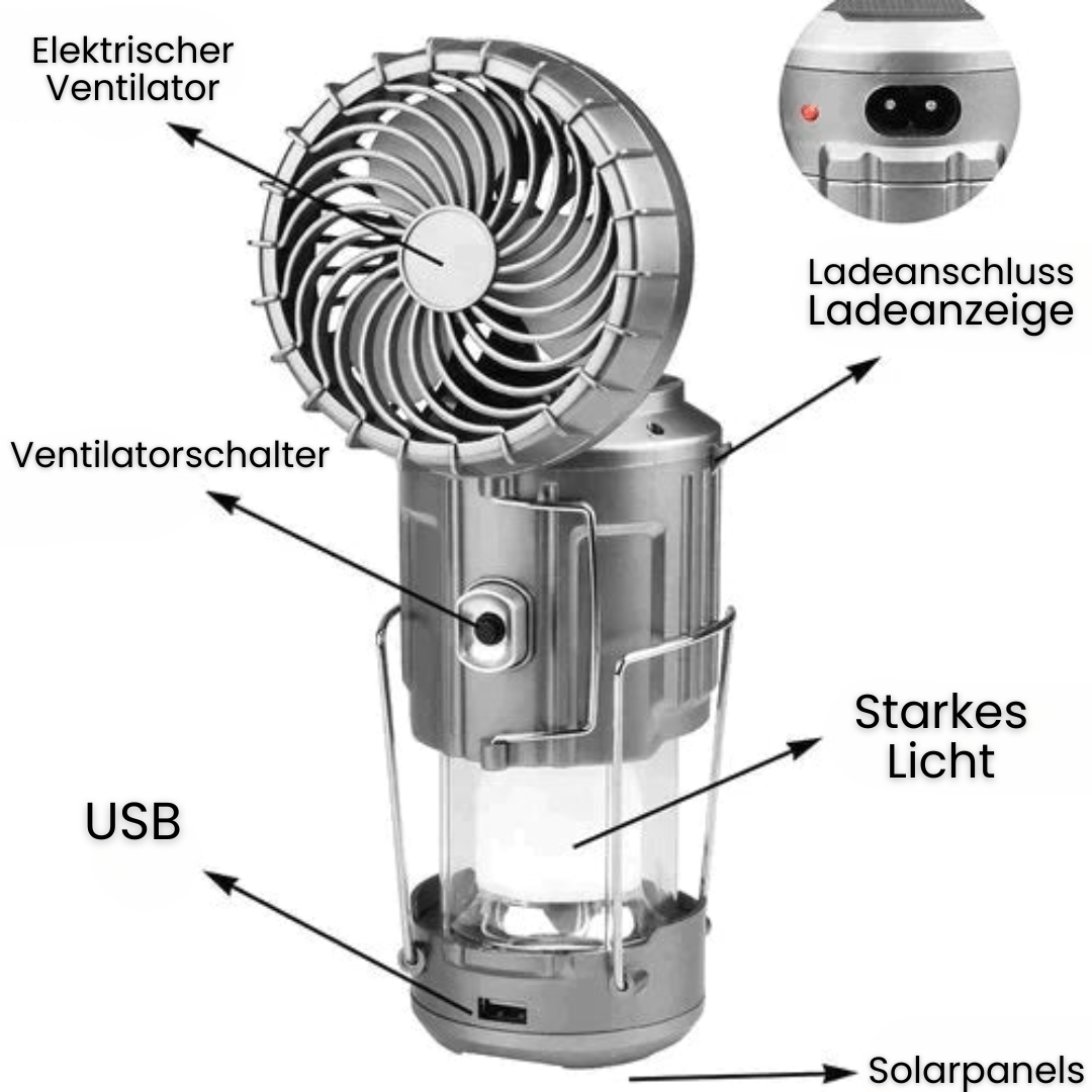 Tragbare LED-Campinglampe mit Ventilator